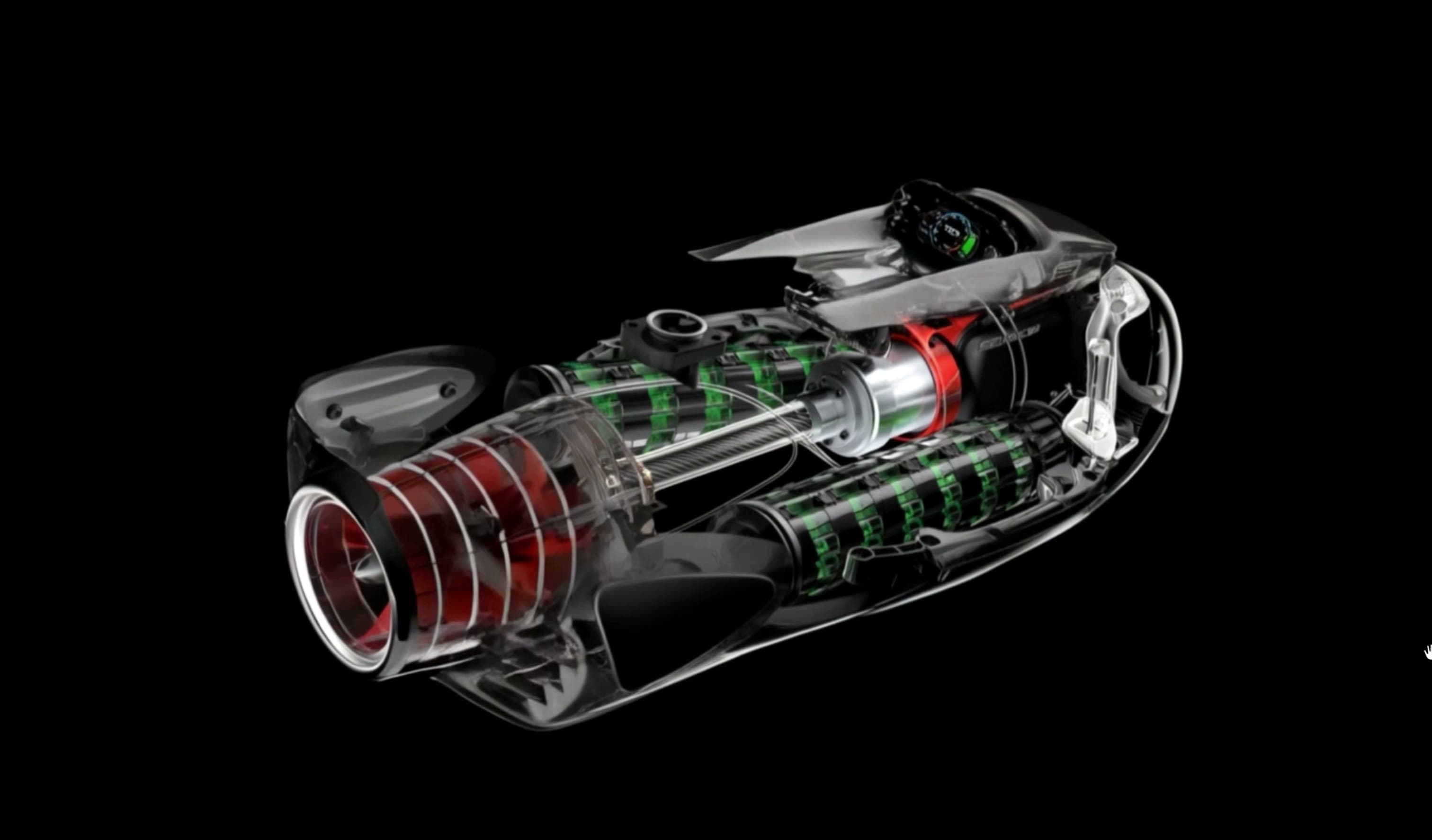X-ray render of the Seabob F9 internal battery and motor assembly